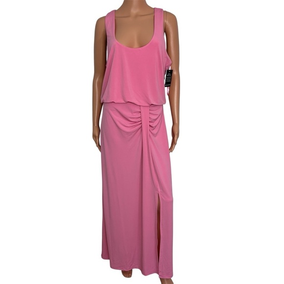 BOSTON PROPER Scoopneck Blouson Slit Midi Dress in Sachet Pink Size Medium - Picture 2 of 7